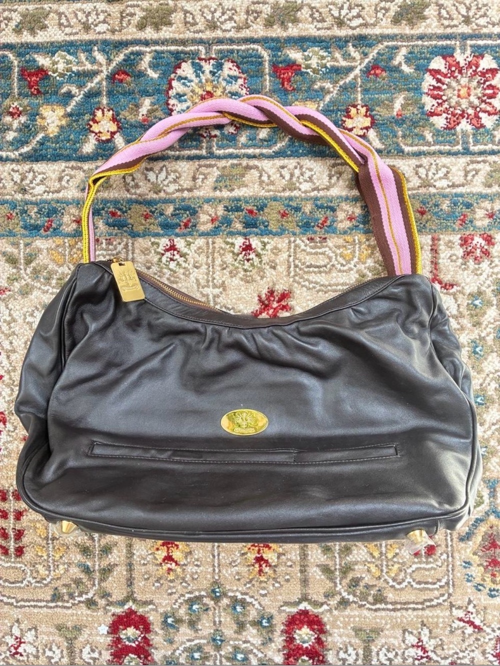 Christine Price black leather shoulder bag with gold hardware